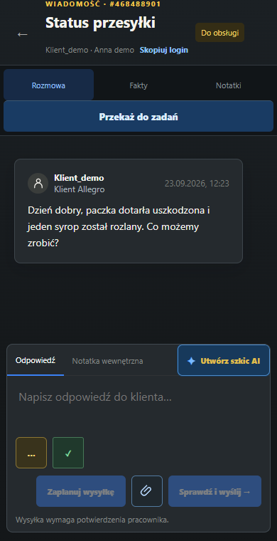 Rzeczywisty mobilny widok Domyki na danych testowych
